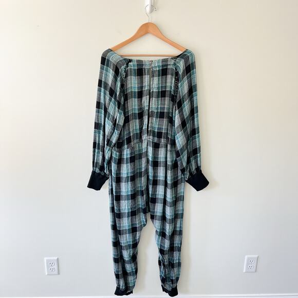 Free People Intimately Fallin For Flannel Blue Black Plaid Jumpsuit Medium - Picture 5 of 12